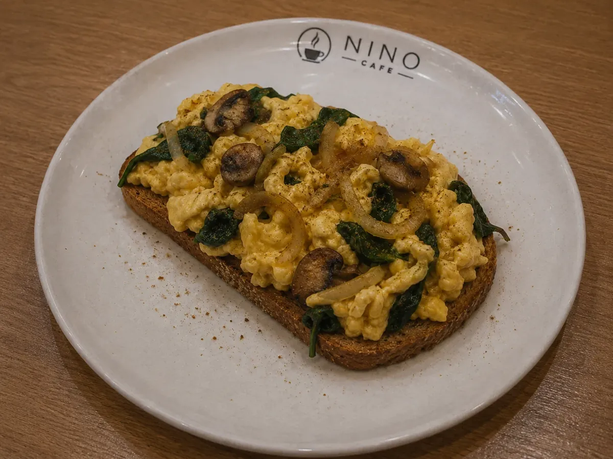 Moroccan eggs — cumin-spiced scrambled eggs with mushrooms, onions and spinach on wholemeal toast
